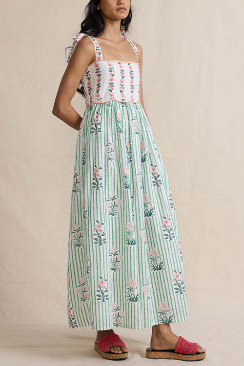 Karleedress Tie Shoulder Back Lace-up Striped Floral Maxi Cami Dress