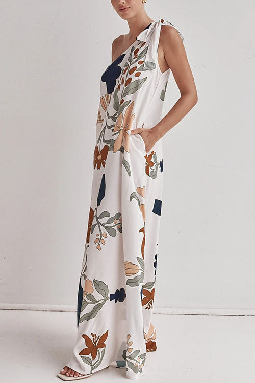 Karleedress Tie Knot One Shoulder Floral Print Maxi Dress