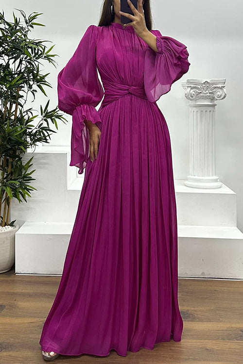 Flare Long Sleeves Twist Front Ruched Flowy Maxi Dress