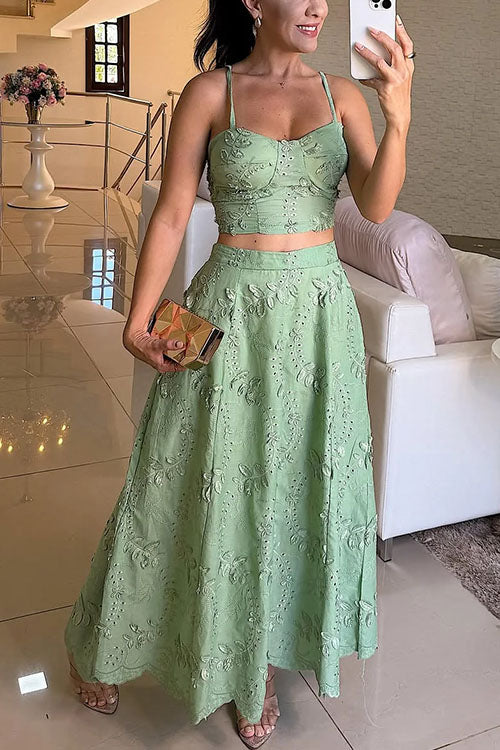 Karleedress Embroidery Crop Cami Top and Elastic Waist Swing Maxi Skirt Set