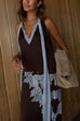Sleeveless V Neck Lace Trim Satin Scarf Top