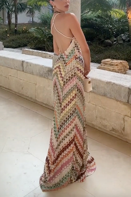 V Neck Open Back Colorful Print Maxi Dress