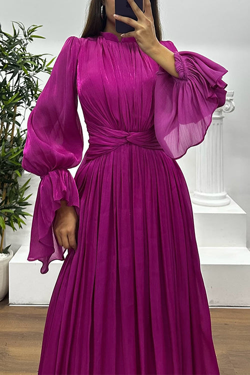 Flare Long Sleeves Twist Front Ruched Flowy Maxi Dress