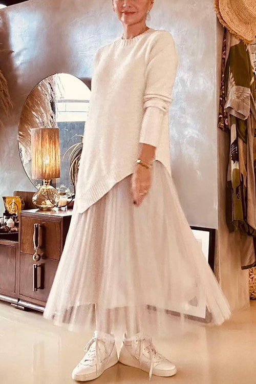 Crewneck Irregular Hem Ribbed Knit Sweater