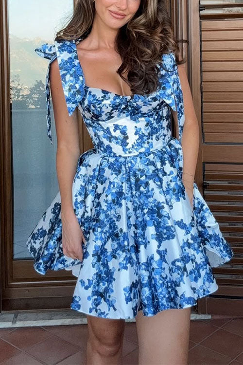 Karleedress Bow Shoulder Floral Print A-line Mini Cami Dress