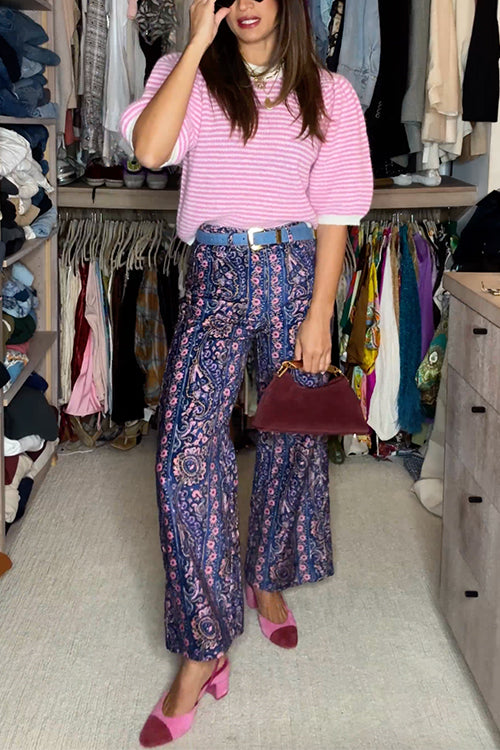 High Waist Paisley Print Pocketed Wide Leg Pants