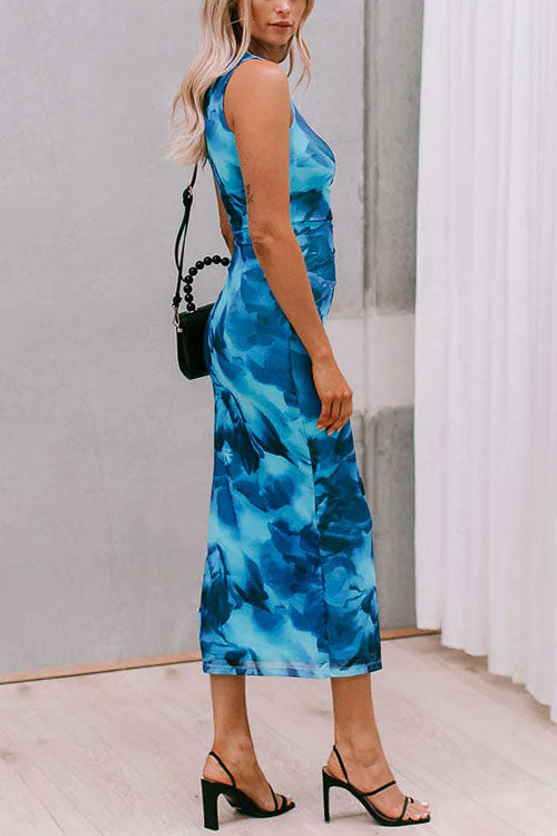 Karleedress Side Slit Sleeveless Floral Print Bodycon Midi Dress