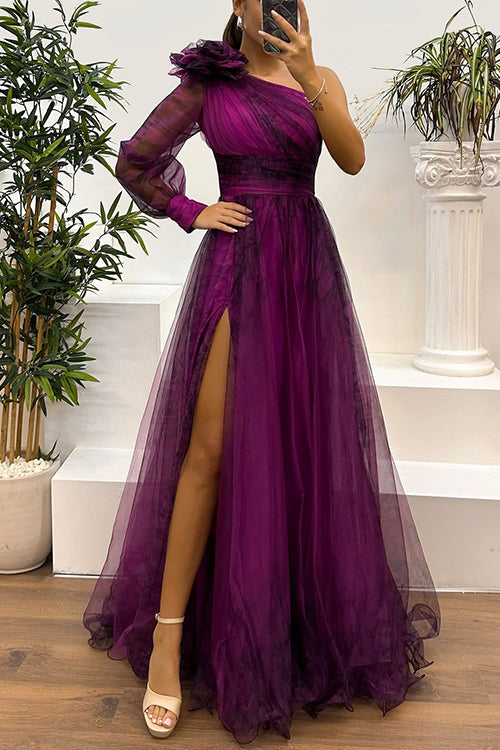 Karleedress One Shoulder Long Sleeve Mesh Printed Slit Maxi Dress