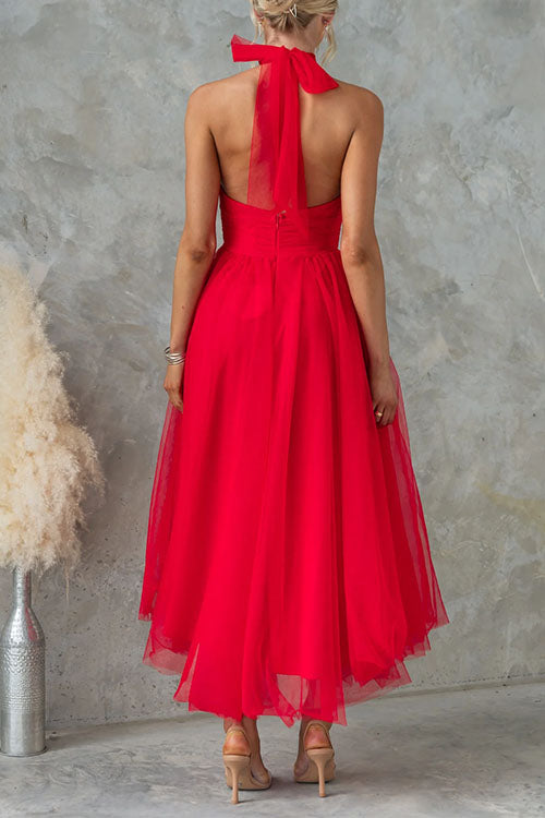 Karleedress Bow Knot Halter Open Back Tulle Maxi Dress