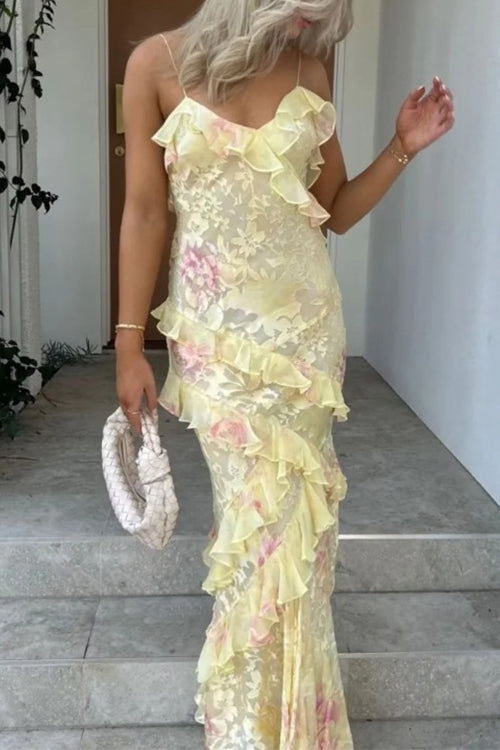 Karleedress Spaghetti Strap Backless Ruffle Trim Printed Maxi Dress