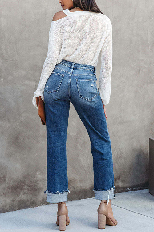 Karleedress High Waist Straight Leg Ripped Denim Pants