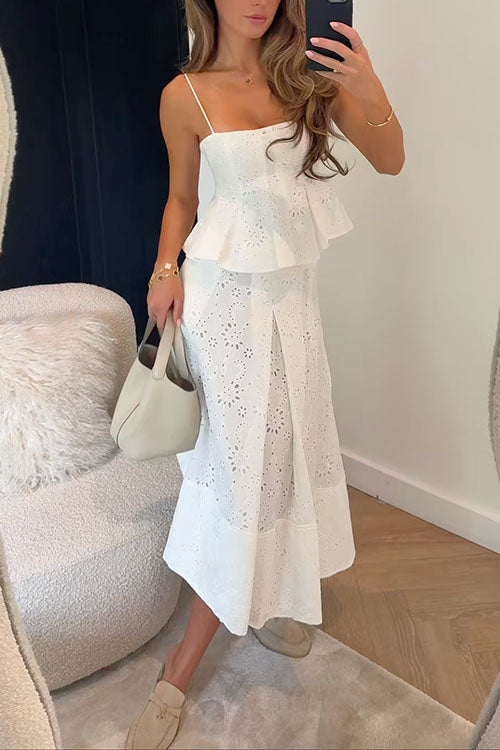 Karleedress Lace Hollow Out Ruffle Cami Top and A-line Midi Skirt Set