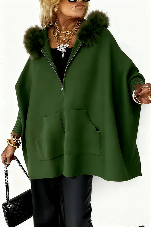 Karleedress Dolman Sleeves Zipper Up Pocketed Jacket with Faux Fur Hood
