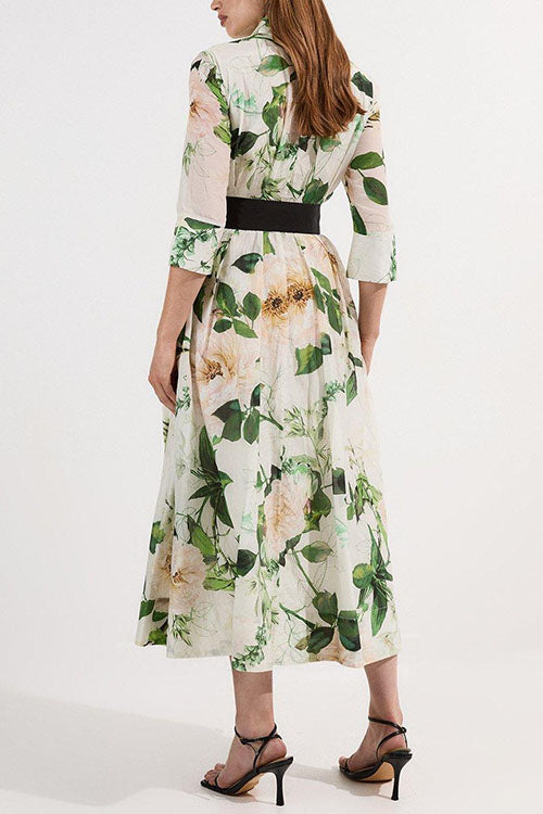 3/4 Sleeves Button Up Wild Rose Print Shirt Maxi Dress