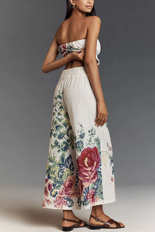 Karleedress Floral Print Strapless Ruffle Tube Top and Smocked Waist Wide Leg Pants