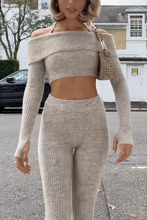 Off Shoulder Long Sleeves Ribbed Knit Crop Top