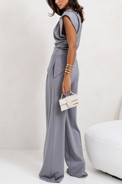 Karleedress Ruched Asymmetrical Top and Wide Leg Pants Set