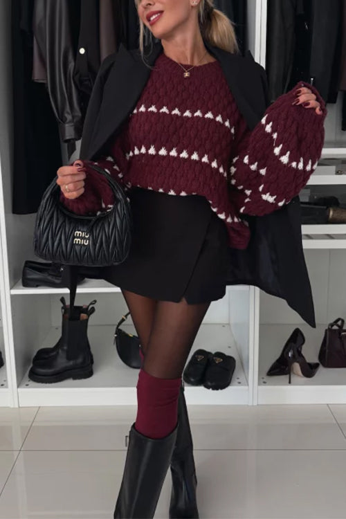 Karleedress Lantern Sleeves Color Block Chunky Knit Sweater