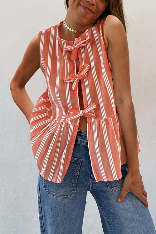 Karleedress Crewneck Sleeveless Striped Ruffle Bow Top