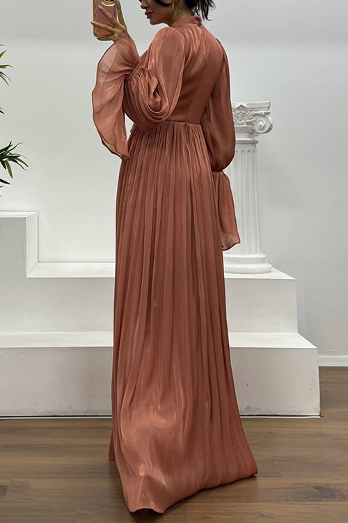 Flare Long Sleeves Twist Front Ruched Flowy Maxi Dress