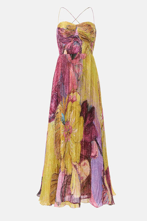 Spaghetti Strap Waisted Floral Print Pleated Swing Maxi Dress