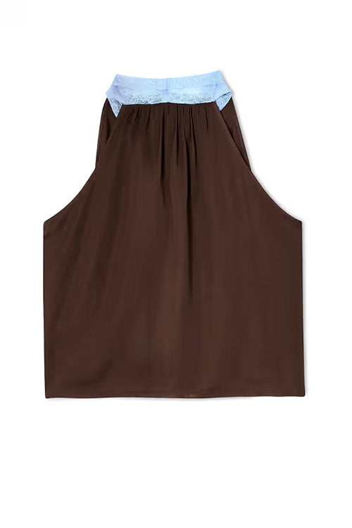 Sleeveless V Neck Lace Trim Satin Scarf Top