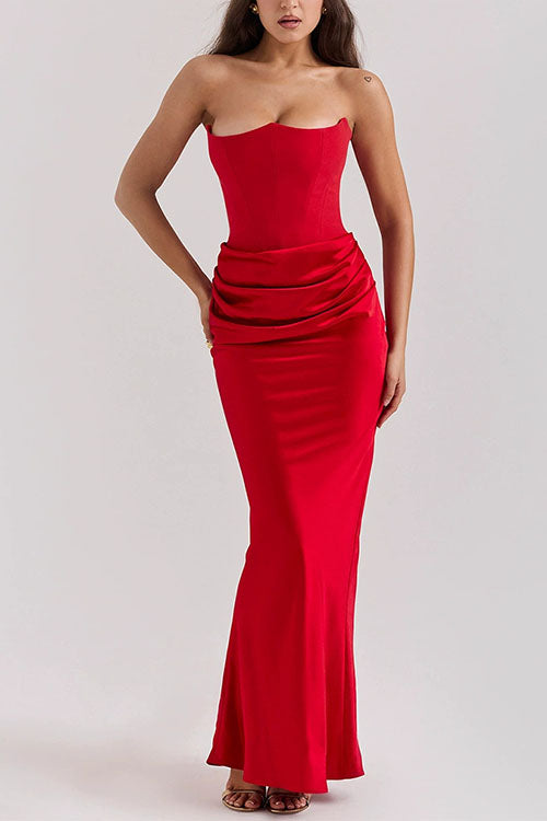 Karleedress Strapless Ruched Satin Splice Bodycon Maxi Dress