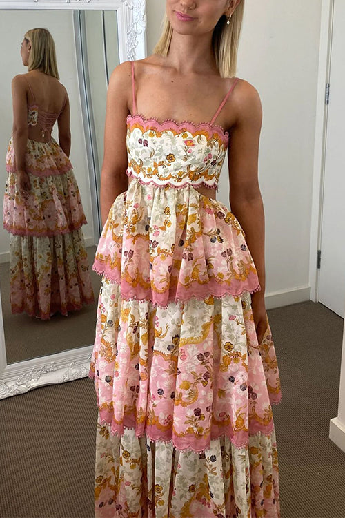 Karleedress Spaghetti Strap Back Lace-up Ruffle Layered Floral Print Maxi Dress