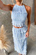 Karleedress Frill Trim Halter Backless Crop Top and Drawstring Waist Maxi Skirt Set