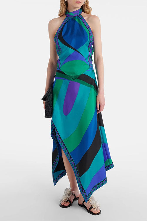 Karleedress Printed Halter Tie Knot Backless Top and Irregular Hem Maxi Skirt Set