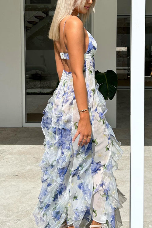 Karleedress Cut Out Backless Frill Trim Slit Floral Print Maxi Cami Dress