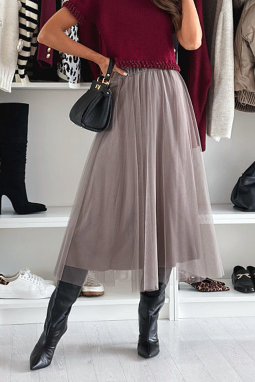 Karleedress Elastic Waist Flowy Mesh Midi Skirt