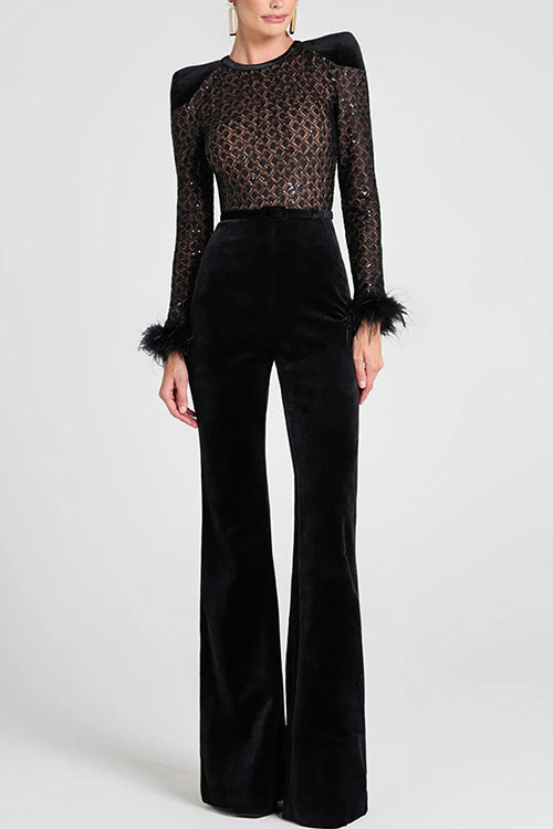 Karleedress Feather Cuffs Bell Bottom Velvet Splice Jumpsuit
