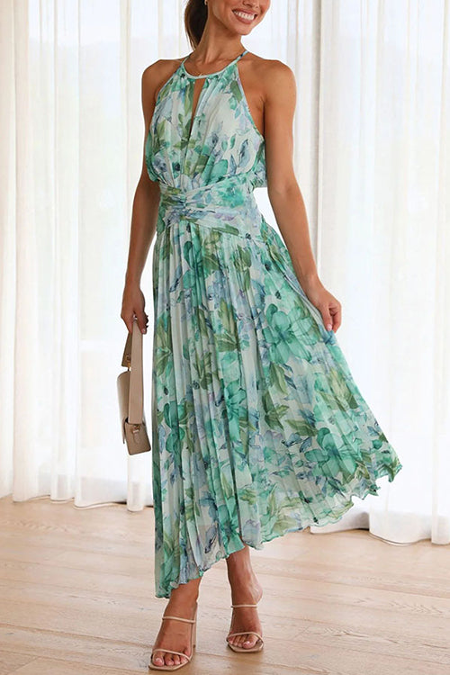 Karleedress V Neck Waisted Cut Out Floral Pleated Maxi Dress