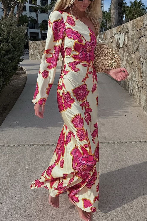 Karleedress One Shoulder Long Sleeve Floral Print Maxi Dress
