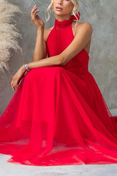 Karleedress Bow Knot Halter Open Back Tulle Maxi Dress