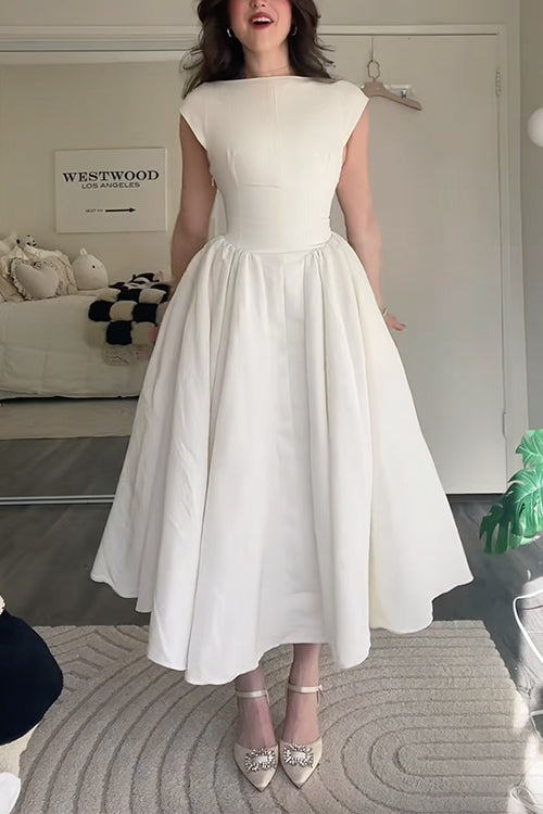 Karleedress Cap Sleeves Open Back Waisted Swing Midi Dress