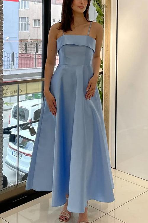 Karleedress Spaghetti Strap Waisted A-line Satin Maxi Dress