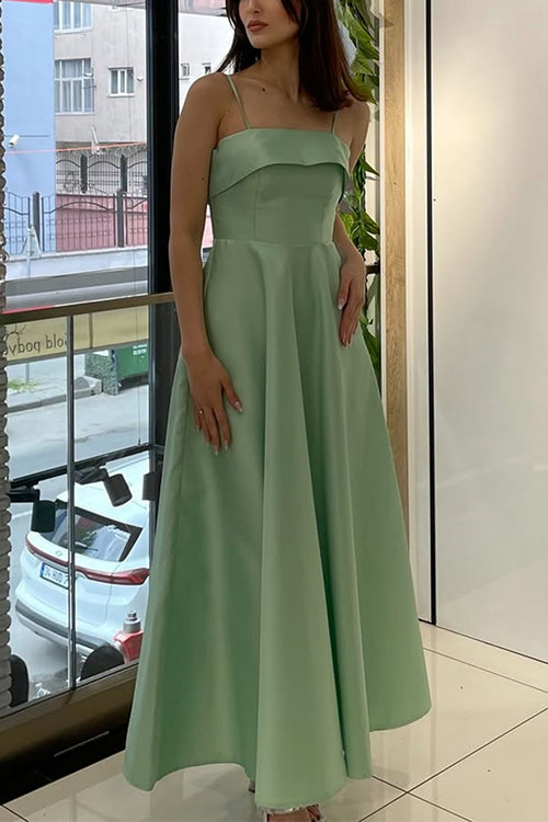 Karleedress Spaghetti Strap Waisted A-line Satin Maxi Dress