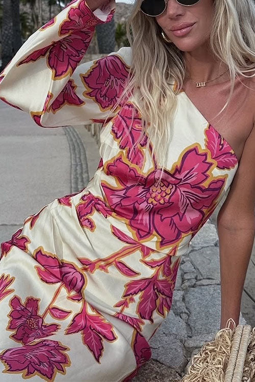 Karleedress One Shoulder Long Sleeve Floral Print Maxi Dress