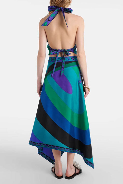 Karleedress Printed Halter Tie Knot Backless Top and Irregular Hem Maxi Skirt Set