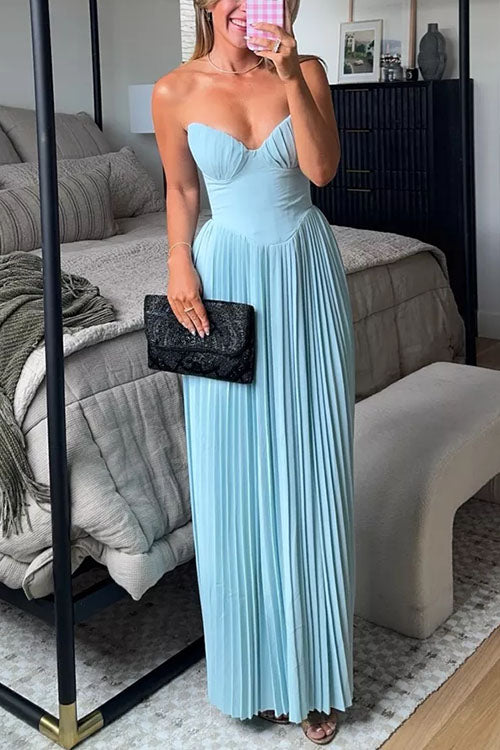 Karleedress Strapless V Neck Corset Pleated Maxi Dress