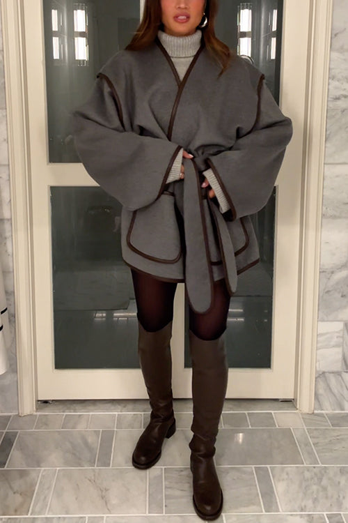Karleedress Open Front Pocketed Splice Coat with Belt