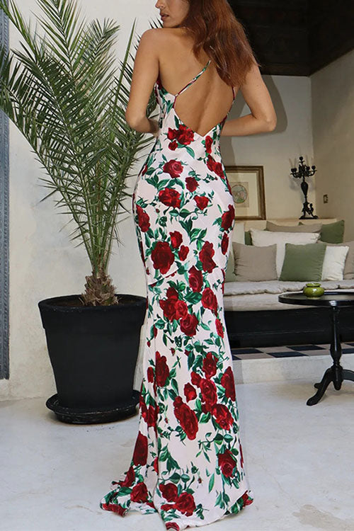 Karleedress Spaghetti Strap Open Back Floral Print Maxi Dress