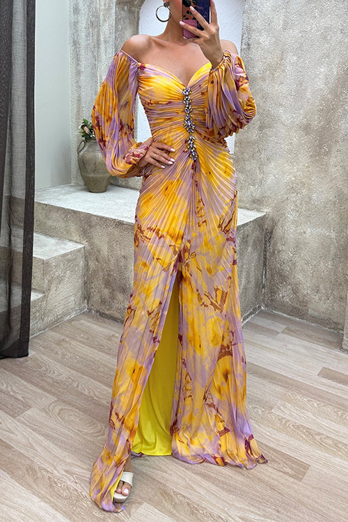 Karleedress Off Shoulder Lantern Long Sleeves Printed Slit Pleated Maxi Dress