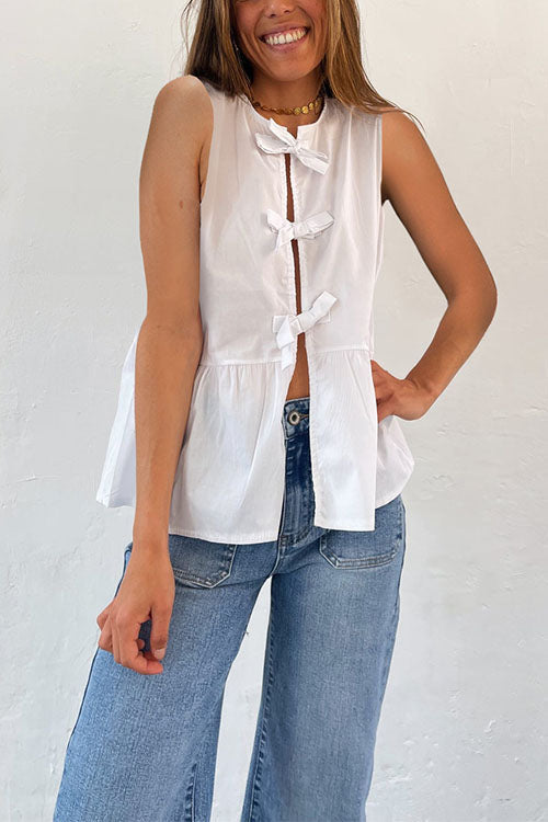 Karleedress Crewneck Sleeveless Striped Ruffle Bow Top