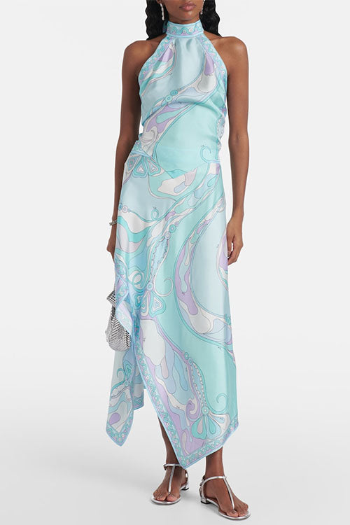 Karleedress Printed Halter Tie Knot Backless Top and Irregular Hem Maxi Skirt Set