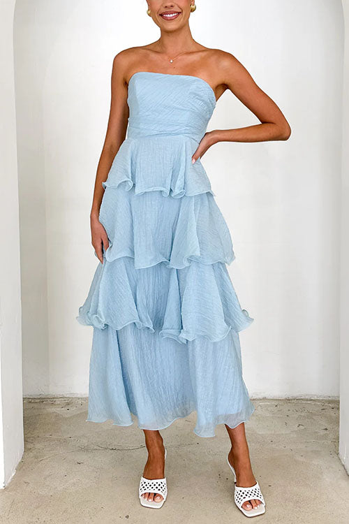 Karleedress Strapless Empire Waist Ruffle Layered Maxi Dress