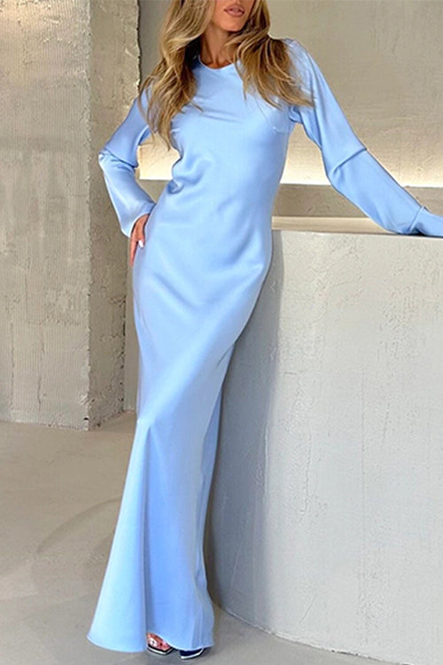 Karleedress Round Neck Long Sleeves Satin Maxi Party Dress