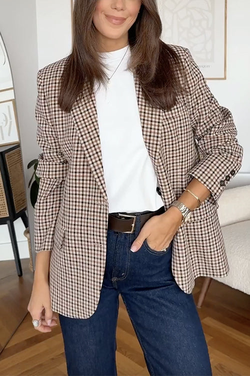 Karleedress Notch Lapel Single Breasted Plaid Blazer